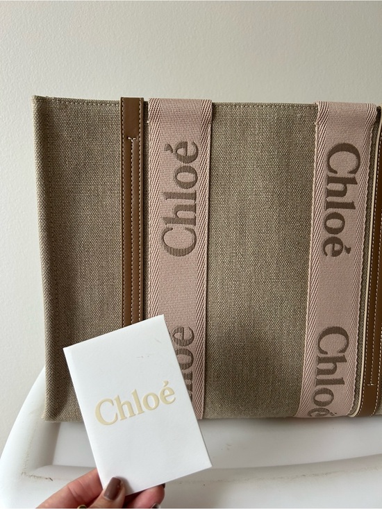 Chloe Handbags - Chloe Woody Tote Medium Beige Canvas Tote with Pink Logo Straps